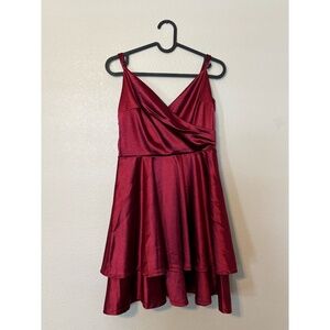 Honey and Rosie | Satin V-Neck Homecoming Dress (Maroon/Burgundy)